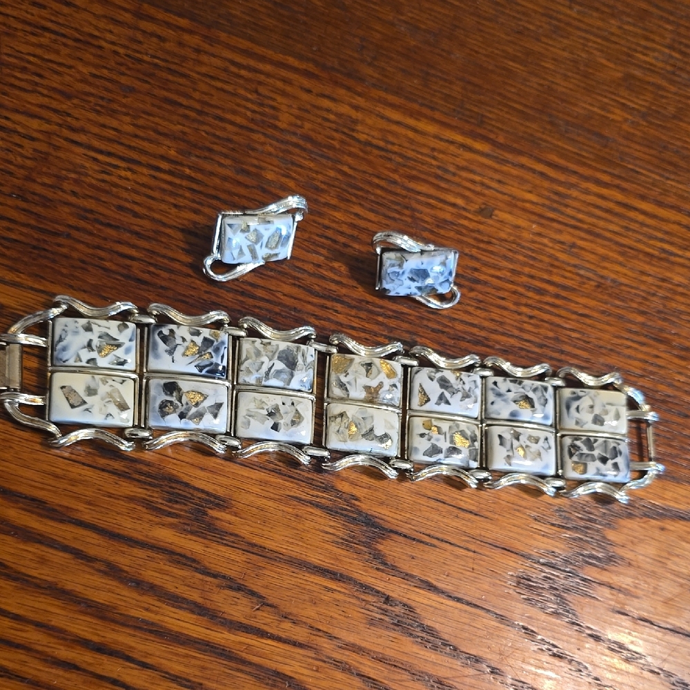 Silver and Cream Mosaic Bracelet and Earrings Set By CORO